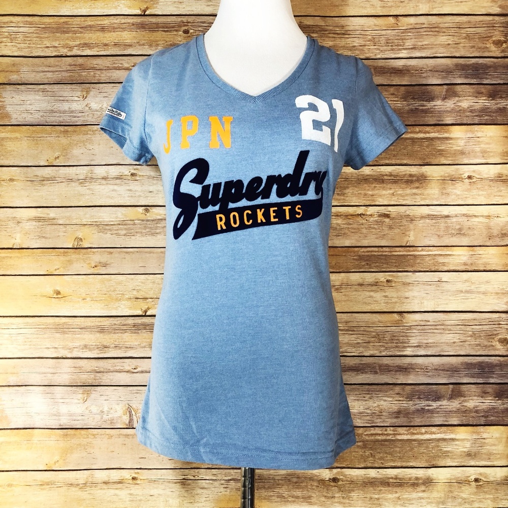 Superdry Blue Flocked Rockets Logo V Neck Tee